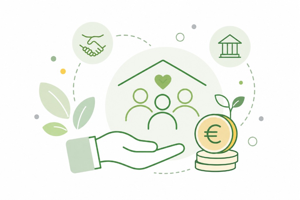 Ilustración: apoyo comunitario, institución y ayuda económica.