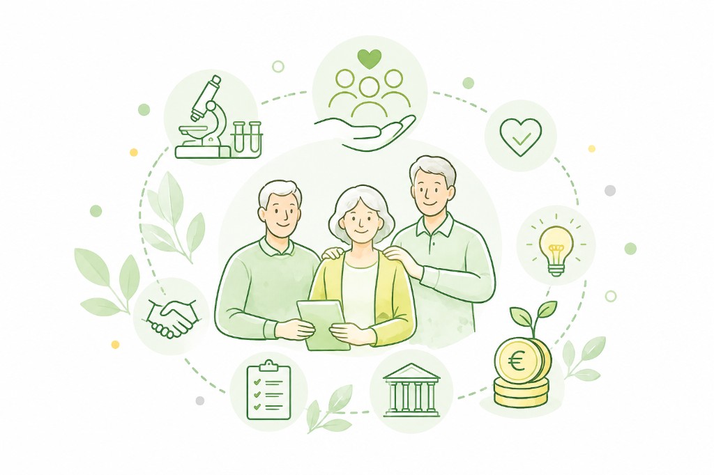 Ilustración: personas mayores, apoyo comunitario, investigación e institución en torno a la misión de la Fundación.